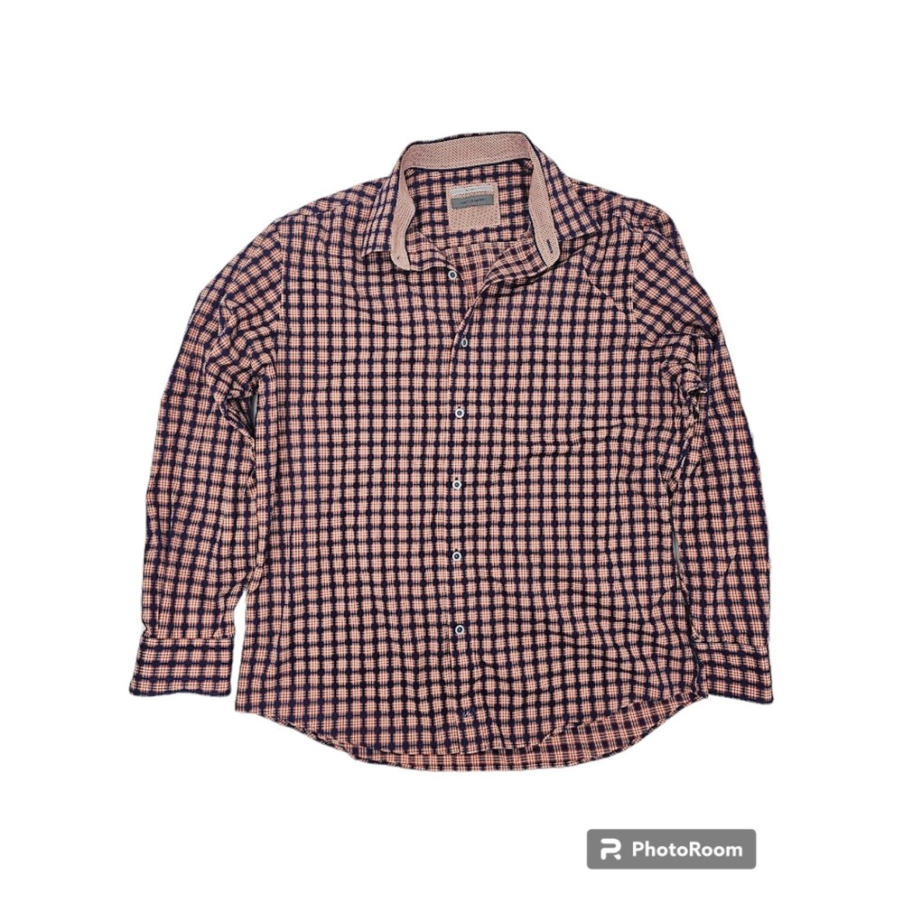 Johnston & Murphy Tailored Fit Orange Check Long Sleeve Button Down Shirt Large